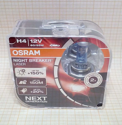 Лампа Н4 12V  60/55W OSRAM P43T галогенная Night Breaker Laser +150% (2 шт), H4