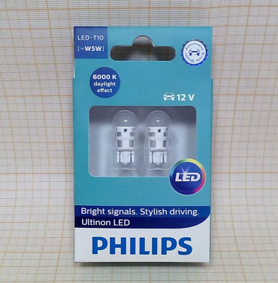 Светодиод 12V 5W 'PHILIPS' (1W)  безцокольная W5W T10 LED WHITE 6000KX2 (уп. 2 шт)