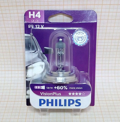Лампа Н4 12V  60/55W PHILIPS P43T галогенная VisionPlus +60%, H4 блистер