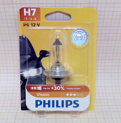 Лампа Н7 12V  55W PHILIPS PX26d галогенная Vision +30%, H7 блистер
