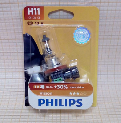Лампа Н11 12V  55W PHILIPS PGJ19-2 галогенная Vision, H11 блистер